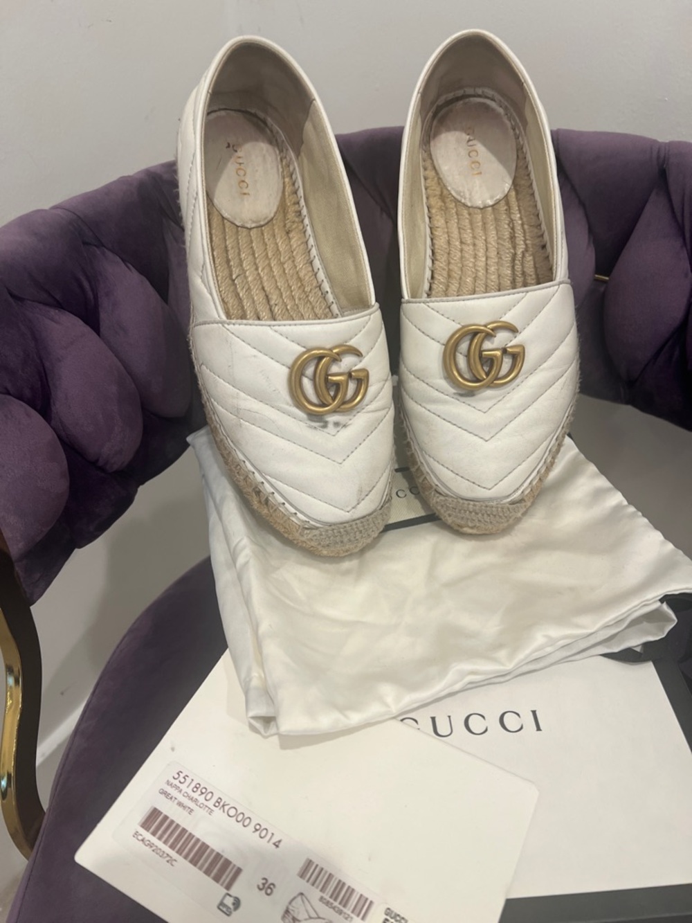 Gucci White Quilted Leather Espadrilles with Gold Double G
